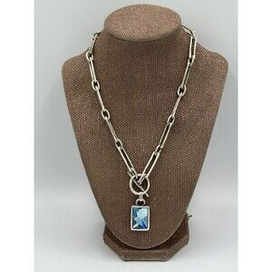 Paperclip Chain Necklace T-Clasp Rectangle Blue Chunky Crystal Pendant 18” Edgy